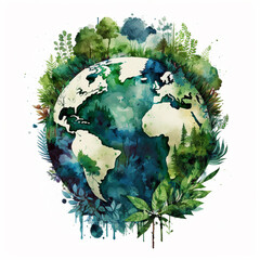 Watercolor planet - symbol conservation and protection environment for Earth Day. Concept to save green world. Generative AI