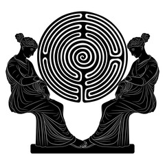 Two seated ancient Greek women or goddesses and a round spiral maze or labyrinth symbol. Creative feminist concept. Black nd white silhouette. - obrazy, fototapety, plakaty
