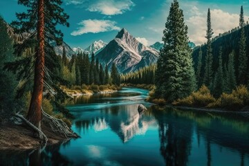 A forest river mirrors the surrounding mountain range. The water of a forest river. Beautiful scenery of mountains, valleys, and rivers. Forested river. Generative AI