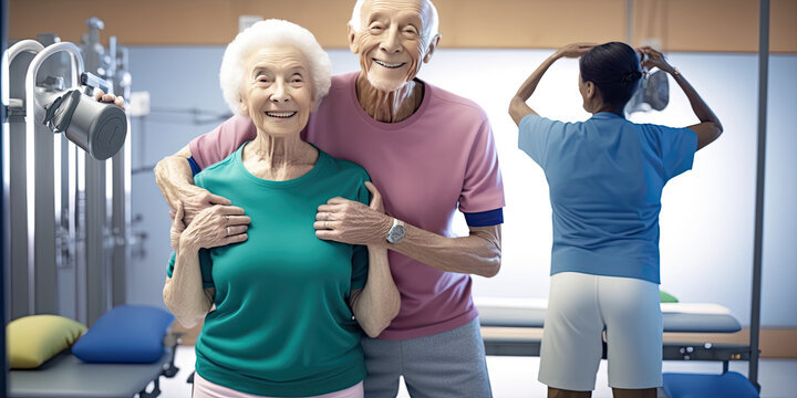 Happy elderly people at the gym - Generative AI