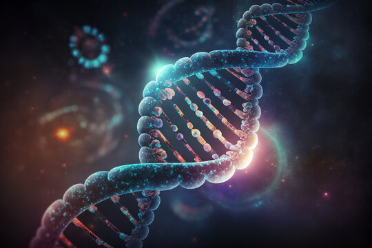 The DNA Journey. An illustration representing the evolution of human DNA through time. Ai generated.