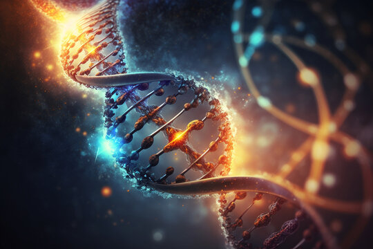 The DNA Journey. An illustration representing the evolution of human DNA through time. Ai generated.