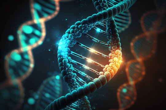 The DNA Journey. An illustration representing the evolution of human DNA through time. Ai generated.