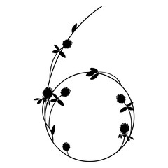 Numeral six with red clover branches. Floral font. Number 6. Black silhouette on white background.