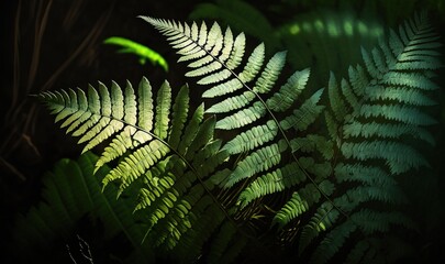  a close up of a fern leaf with a dark background.  generative ai