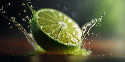 Fototapeta na wymiar Refreshing lime water splash with bokeh effect, AI illustration