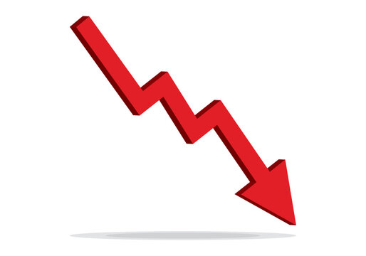 Red 3d arrow going down stock icon on white background. Bankruptcy, financial market crash icon for your web site design, logo, app, UI. graph chart downtrend symbol.chart going down sign.	
