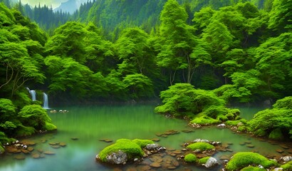Beautiful lake with rocks, mountains in the background, green forest, paradisiacal image, Generated by AI