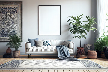 Blank picture frame mockup on white wall. Boho style living room design interior with sofa. Generative AI