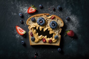 Obraz na płótnie Canvas Toast with a scary monster's face on it, topped with peanut butter, blueberries, raspberries, and a few bats for Halloween, photographed up close against a gray background. Sugary snacks for kids as a
