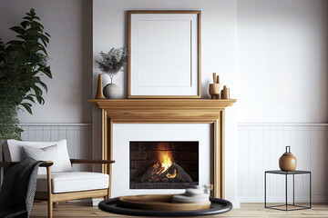 Blank picture frame mockup on fireplace. Modern living room with fireplace design. View of modern scandinavian style interior with sofa. Generative AI