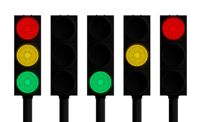 Set of street traffic lights with different light signals isolated on white background. 3d render....