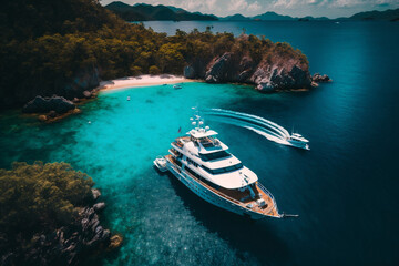 Large yacht boat with helicopter landing place captured in aerial drone photo in tropical exotic paradise bay with turquoise open sea - obrazy, fototapety, plakaty