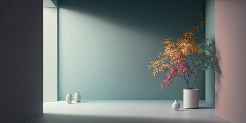 Fototapeta premium 3D render, pastel minimalist surreal autumn room with tree , copy space, stone, shadow, autumn foliage color palette