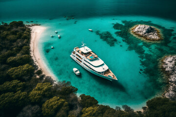 Large yacht boat with helicopter landing place captured in aerial drone photo in tropical exotic paradise bay with turquoise open sea. Generative AI