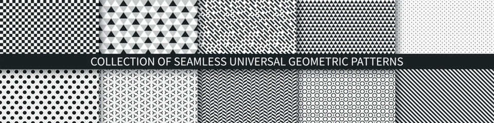 Collection of seamless black and white unusual patterns. Vector mosaic textures. Geometric simple backgrounds, textile prints.