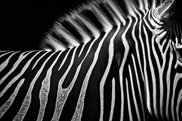Fototapeta na wymiar Fabulous black and white closeup of zebra fur displaying a realistic texture pattern. Specifics at a very fine grain. Extraordinary clarity and sharpness. Created on a computer, a work of art