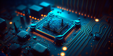 Close-up of Blue-Toned Processor on Motherboard with Bokeh Effect