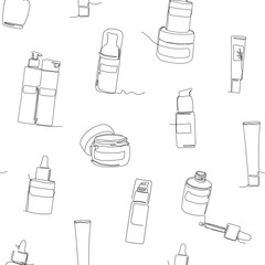 Skin care seamless pattern. Beauty products single line vector illustration - 575718523