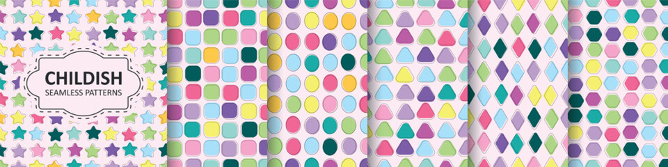 Set of vector seamless patterns with colorful mosaic shapes. Trendy bright children backgrounds. Textile endless cute prints, stylish geometric textures.
