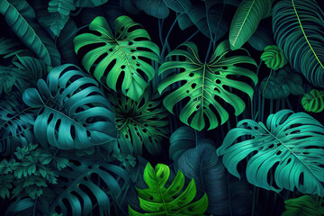 Naklejka na ściany i meble Green tropical leaves background. Generative AI