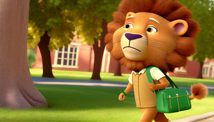 A cute lion student going to school, Generative AI