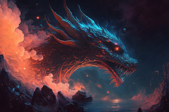 Watter dragon dominates the cosmic ocean of lava, oil paint, made with Generative AI