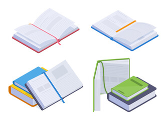 Isometric books piles. Educational or fantasy literature, encyclopedia, school books pile, open textbook 3d vector illustration set