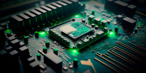 Obraz premium Green Motherboard Close-Up with Processor, Bokeh Effect