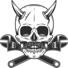 Skull with horn and mustache with construction wrench for gas and builder plumbing pipe or body shop mechanic spanner repair tool in monochrome style isolated vintage illustration