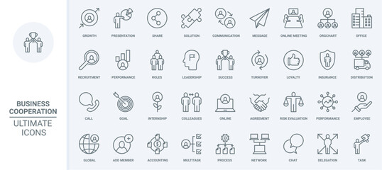 Naklejka na ściany i meble Business cooperation thin line icons set vector illustration. Outline growth of partnership in corporate team, loyalty in communication and teamwork of employees, success recruitment and leadership