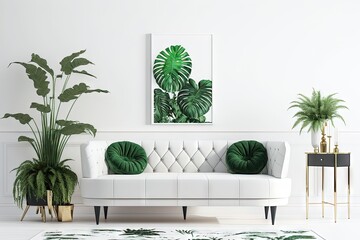 Salon moderne avec canapé et plante sur fond blanc.