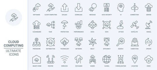 Fototapeta na wymiar Cloud computing thin line icons set vector illustration. Outline server connection for download and upload of data files, update backup and software version, online security and signal efficiency