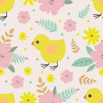 Cute seamless pattern with chickens, pink, yellow flowers and leaves. For fabric design, wallpapers, backgrounds, wrapping paper, scrapbooking, etc. Vector