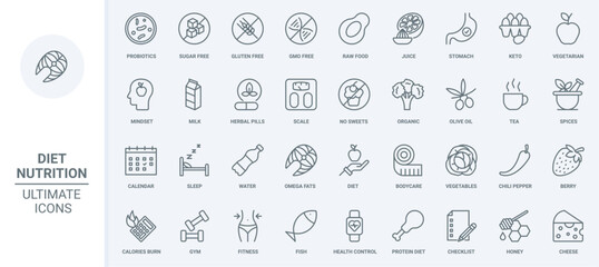 Nutrition diet thin line icons set vector illustration. Outline organic food and fitness, vegetarian lifestyle and mindset, measuring calories and balance of fat and proteins, health calendar