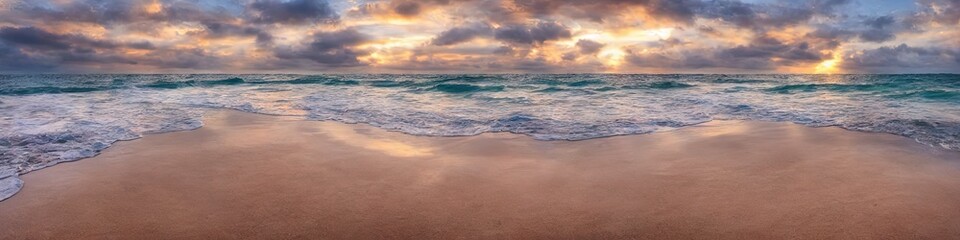 Sandy deserted beach with ocean waves on the shore. Skies and water meet on the horizon by generative AI