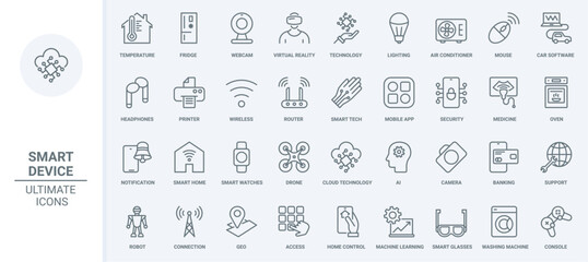 Obraz na płótnie Canvas Smart home devices thin line icons set vector illustration. Outline virtual reality technology, autonomous lighting and automated software to control temperature of house, air conditioner and drone