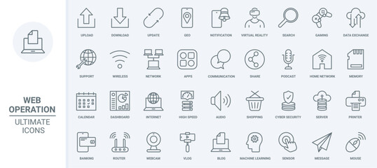 Naklejka na ściany i meble Web communication thin line icons set vector illustration. Outline online upload, download and update data and geo location in mobile apps, cyber security of wireless network, virtual reality games