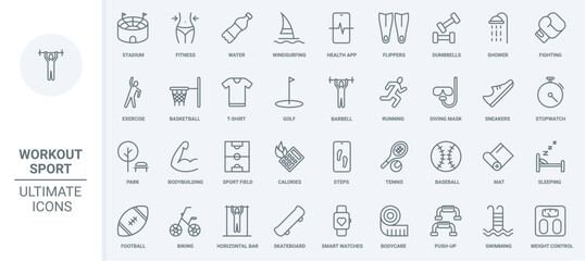Plakat Sports workout thin line icons set vector illustration. Outline calculator of calories and fitness exercises for weight control, running and bodybuilding of athlete in gym and stadium, diving