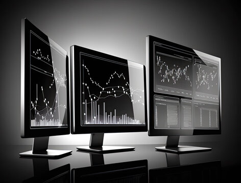 Financial Analysis Graph Chart Stock Exchange Bitcoin Cryptocurrency Report On Computer Screen Monitors And Laptop On Working In Trading Room While Broker Meeting In Shadow Behind. Generative AI