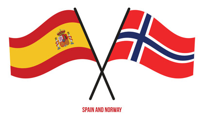 Spain and Norway Flags Crossed And Waving Flat Style. Official Proportion. Correct Colors.