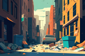 Trashed Street: close-up of littered city street, with trash cans overflowing and debris scattered everywhere AI generation.