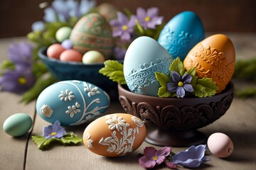Fototapeta premium Easter Eggs on table with beautiful flowers