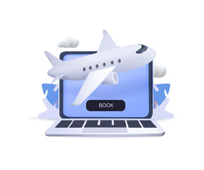3D flight booking website illustration. Online budget travel booking in internet plane flights reservation vacation