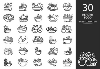 Vector set of icons on the theme of healthy food. Thin Line Icon Set of vegan food. Outline icons collection.