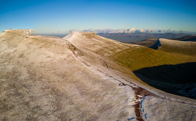 Aerial view of a footpath leading to the summit of Corn Du and Pen-y-Fan in the Brecon Beacons