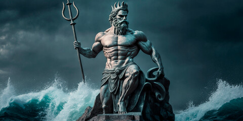 Poseidon, God of the Sea, wielding his trident - obrazy, fototapety, plakaty