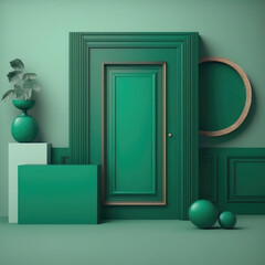wooden doors and green paint podium, empty showcase for packaging product presentation. AI generation.