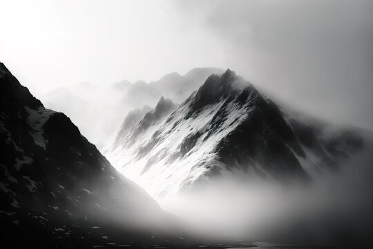 A white fog mountain white, a beautiful landscape in black and white, generative ai image creation