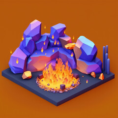 blue flames and purple fog yellow rocks and orange stones, isometric low poly view AI generation.